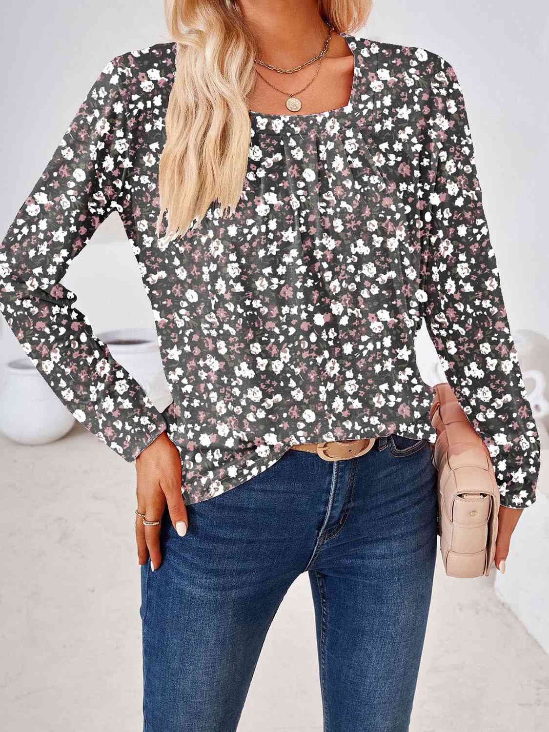 Full Size Square Neck Long Sleeve Blouse Print on any thing USA/STOD clothes