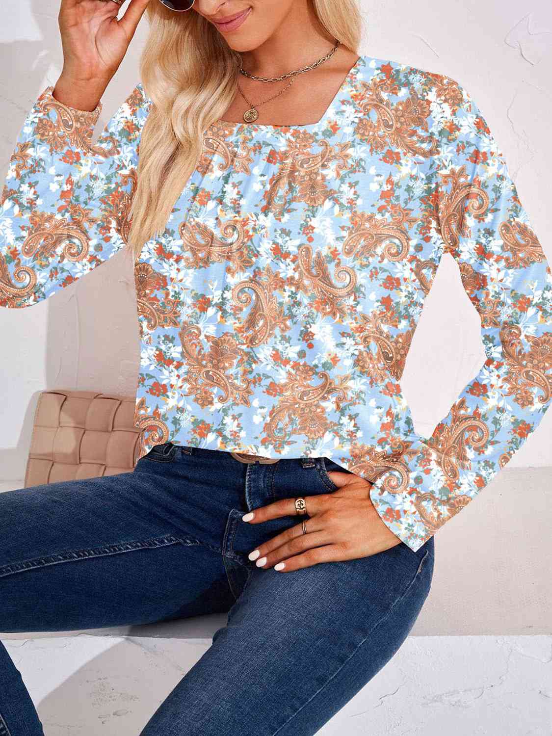 Full Size Square Neck Long Sleeve Blouse Print on any thing USA/STOD clothes