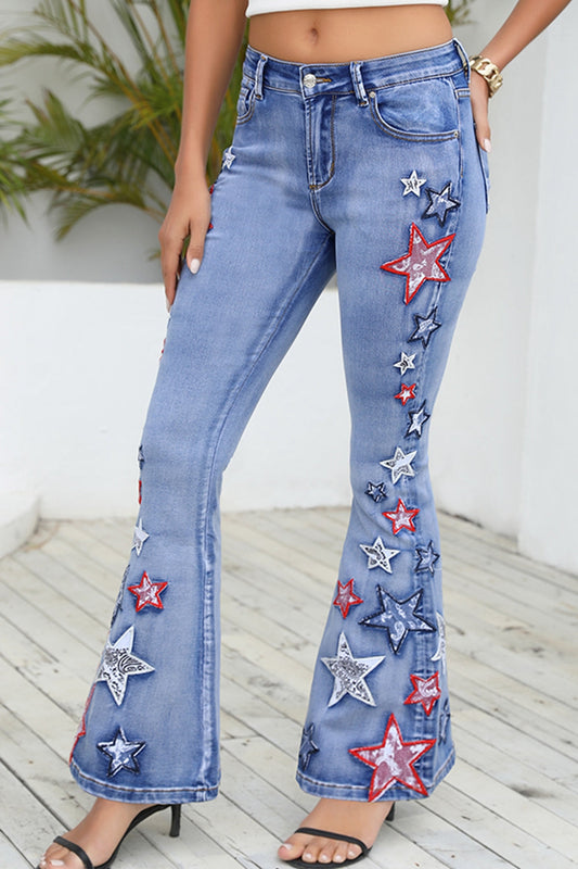 Full Size Star Applique Wide Leg Jeans Print on any thing USA/STOD clothes