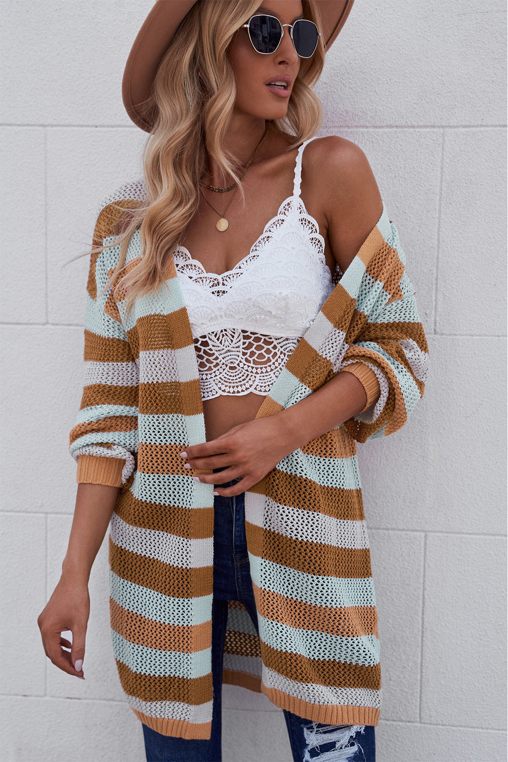 Full Size Striped Long Sleeve Openwork Cardigan Print on any thing USA/STOD clothes
