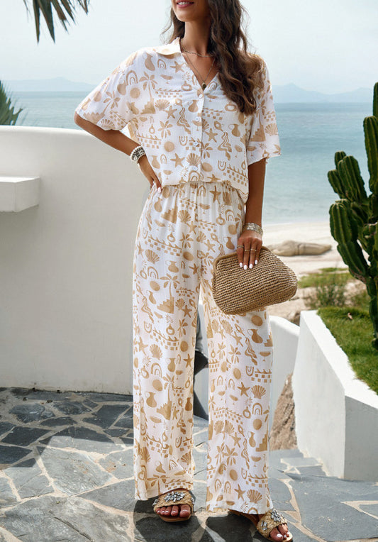 Elegant printed short-sleeved trousers two-piece set