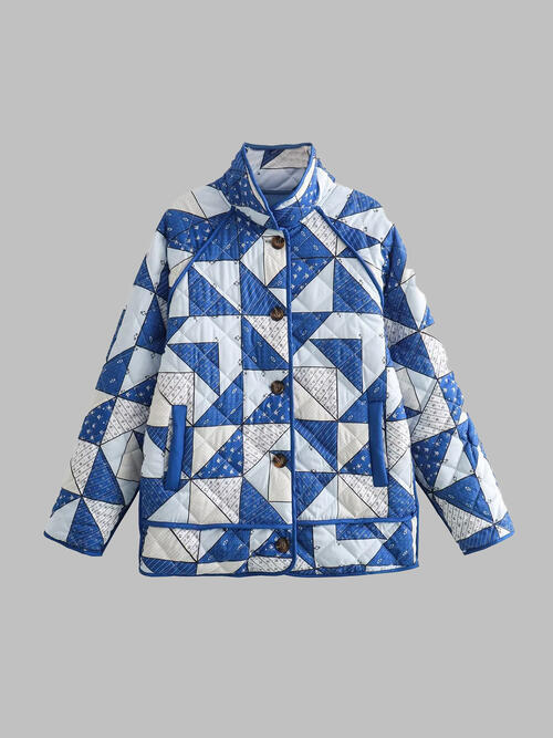 Geometric Button Up Puffer Jacket with Pockets Print on any thing USA/STOD clothes
