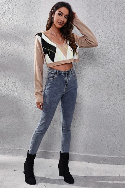 Geometric Long Sleeve Cropped Sweater Print on any thing USA/STOD clothes