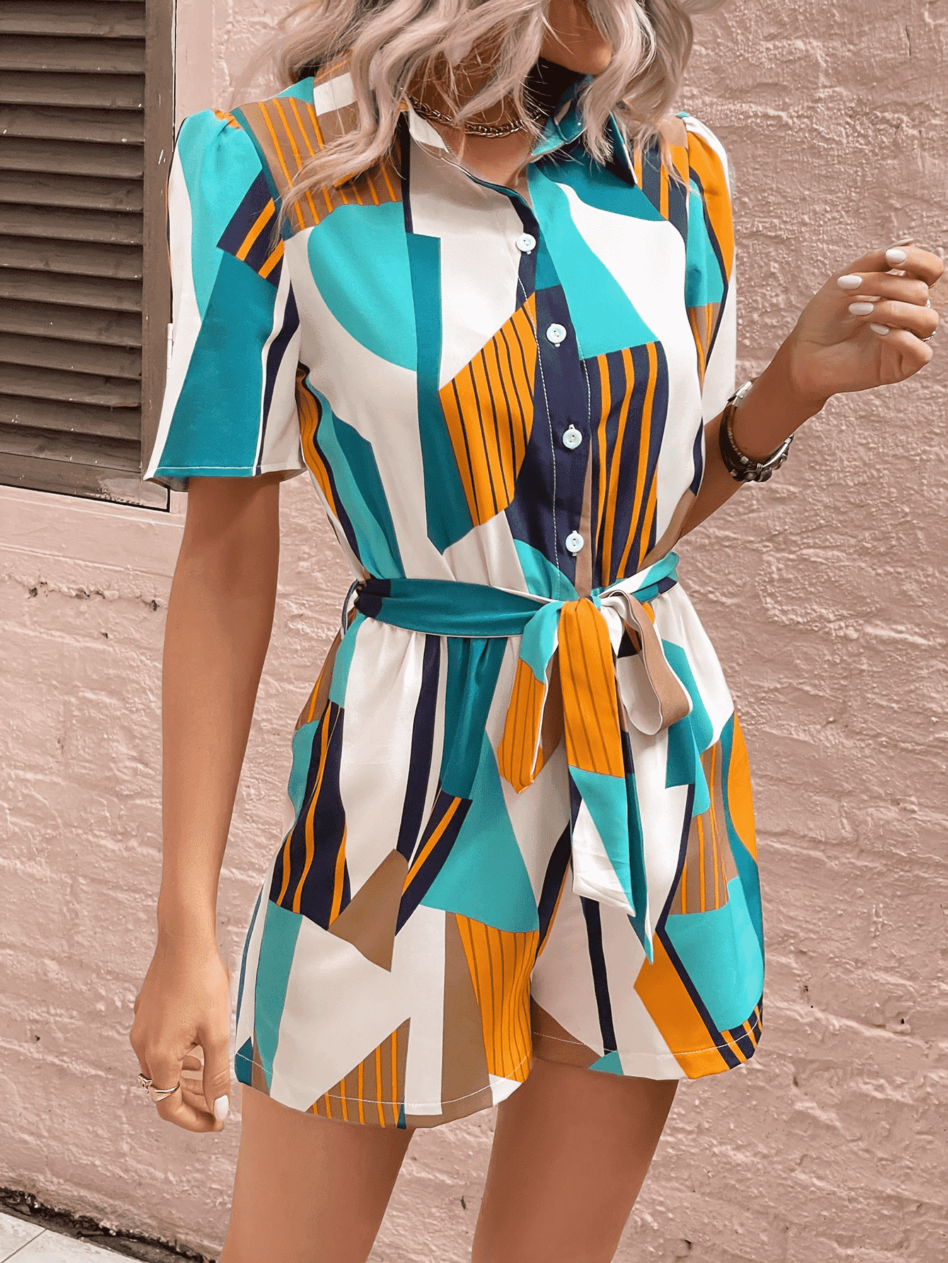Geometric Puff Sleeve Tie Belt Romper Print on any thing USA/STOD clothes