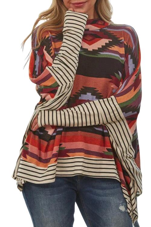 Geometric Striped Splicing Round Neck Blouse Print on any thing USA/STOD clothes