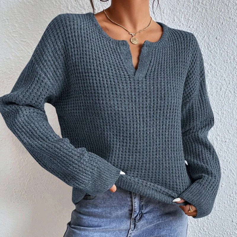 Women's loose V-neck pullover long-sleeved sweater