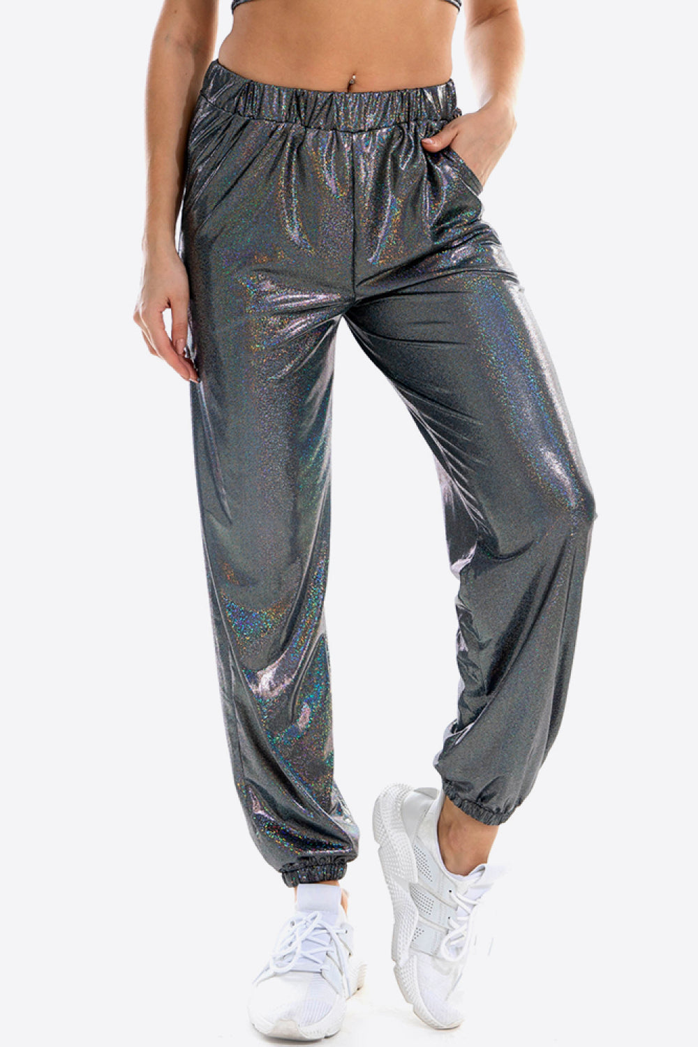 Glitter Elastic Waist Pants with Pockets Print on any thing USA/STOD clothes