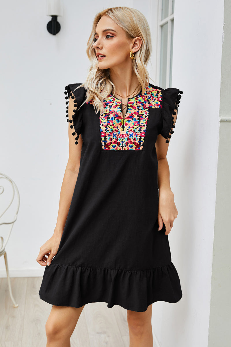 Graphic Embroidered Ruffle Hem Dress Print on any thing USA/STOD clothes