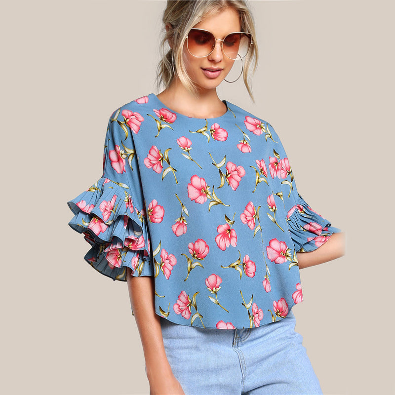 Round Neck Lotus Leaf Double Layer Flared Sleeve Short Top