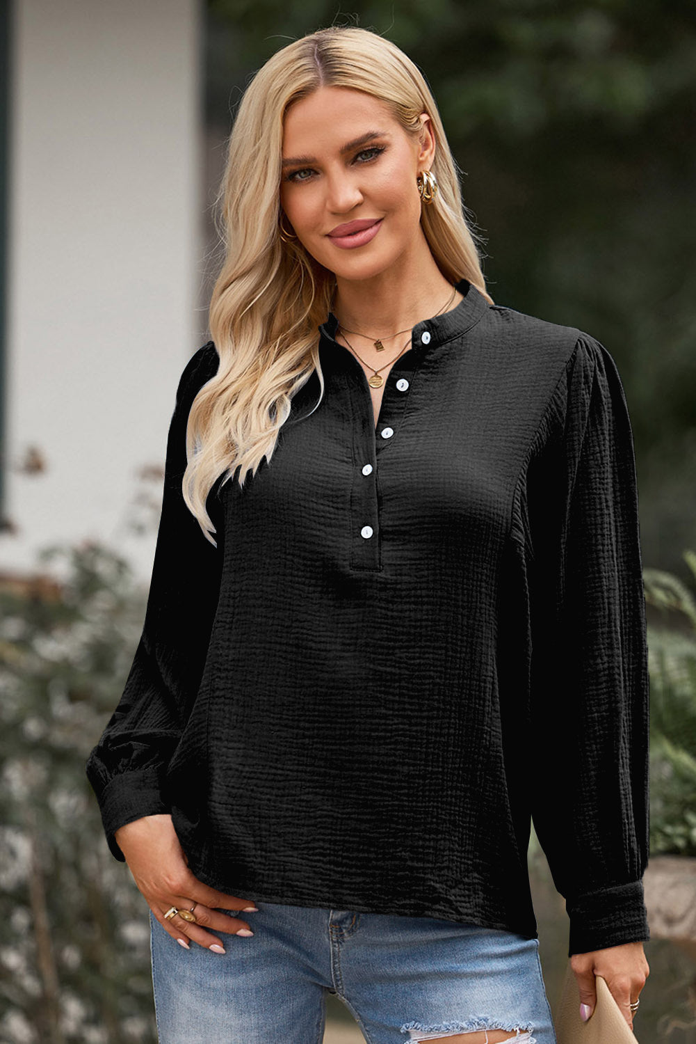 Half Button Puff Sleeve Blouse Print on any thing USA/STOD clothes