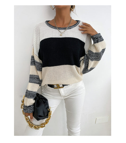 Women's Thin Pullover Round Neck Black and White Contrast Sweater