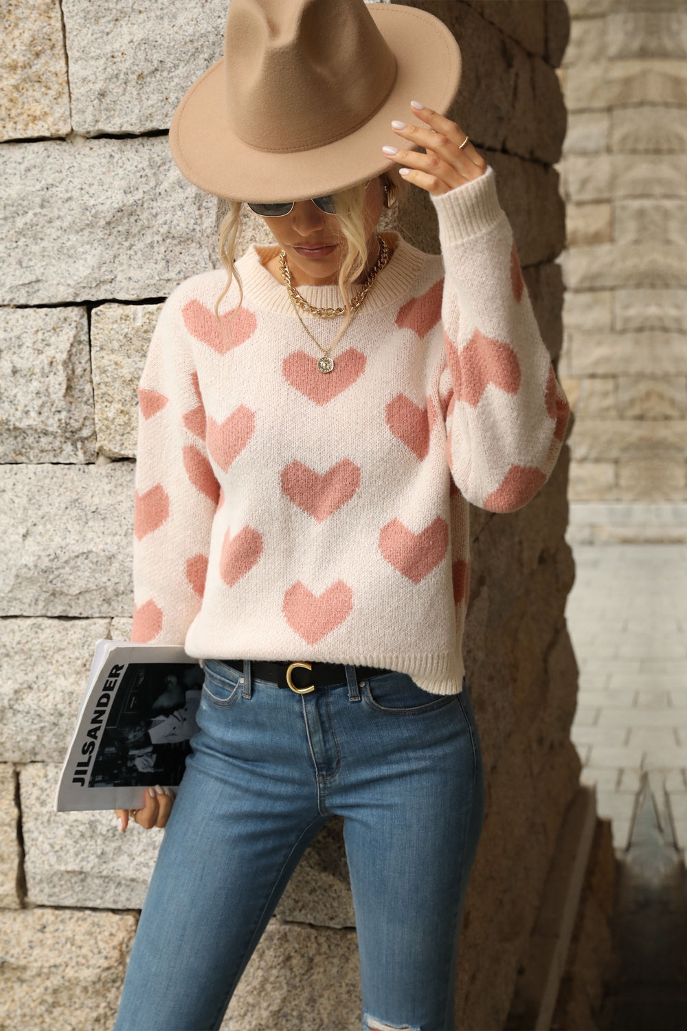 Heart Pattern Dropped Shoulder Sweater Print on any thing USA/STOD clothes