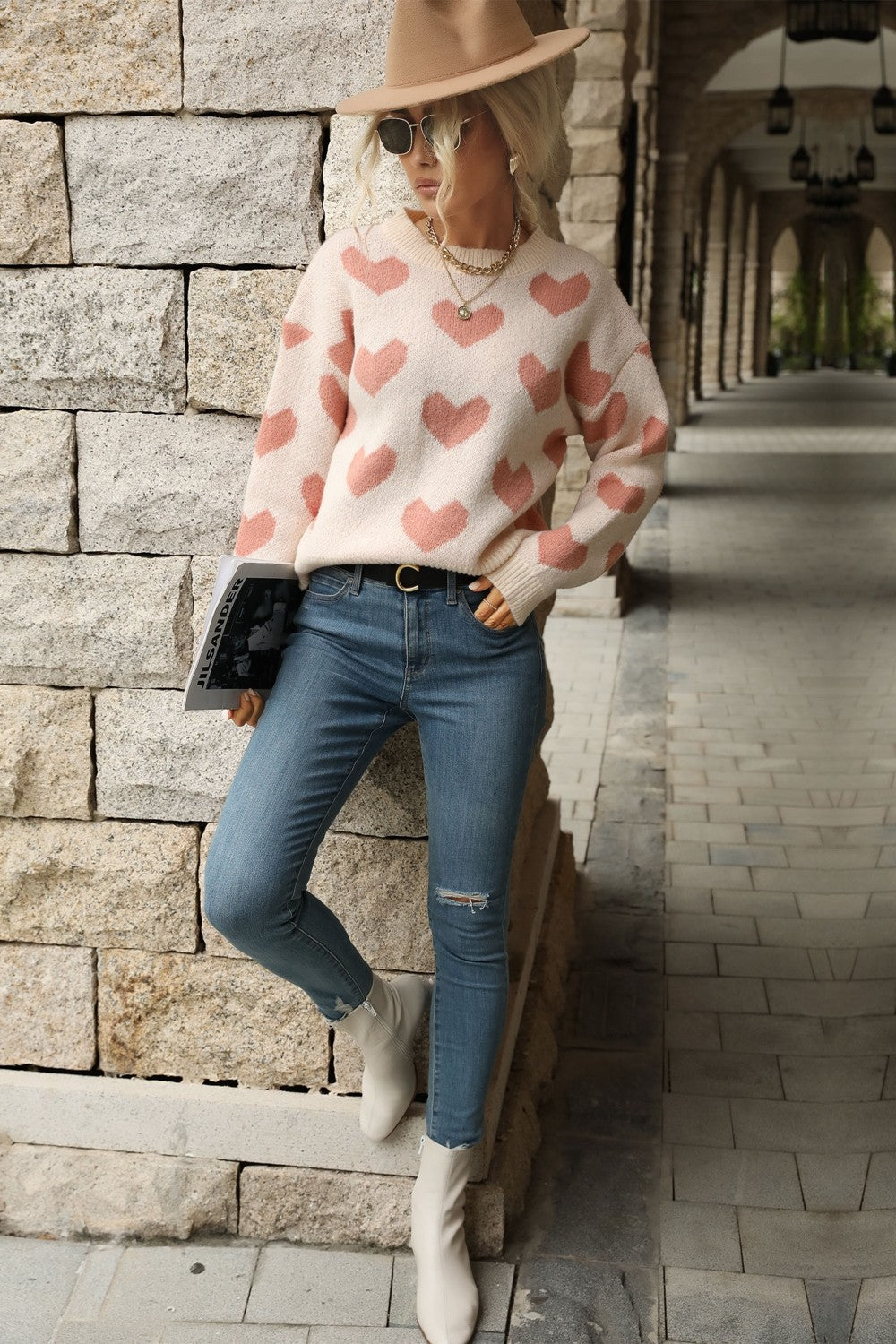 Heart Pattern Dropped Shoulder Sweater Print on any thing USA/STOD clothes