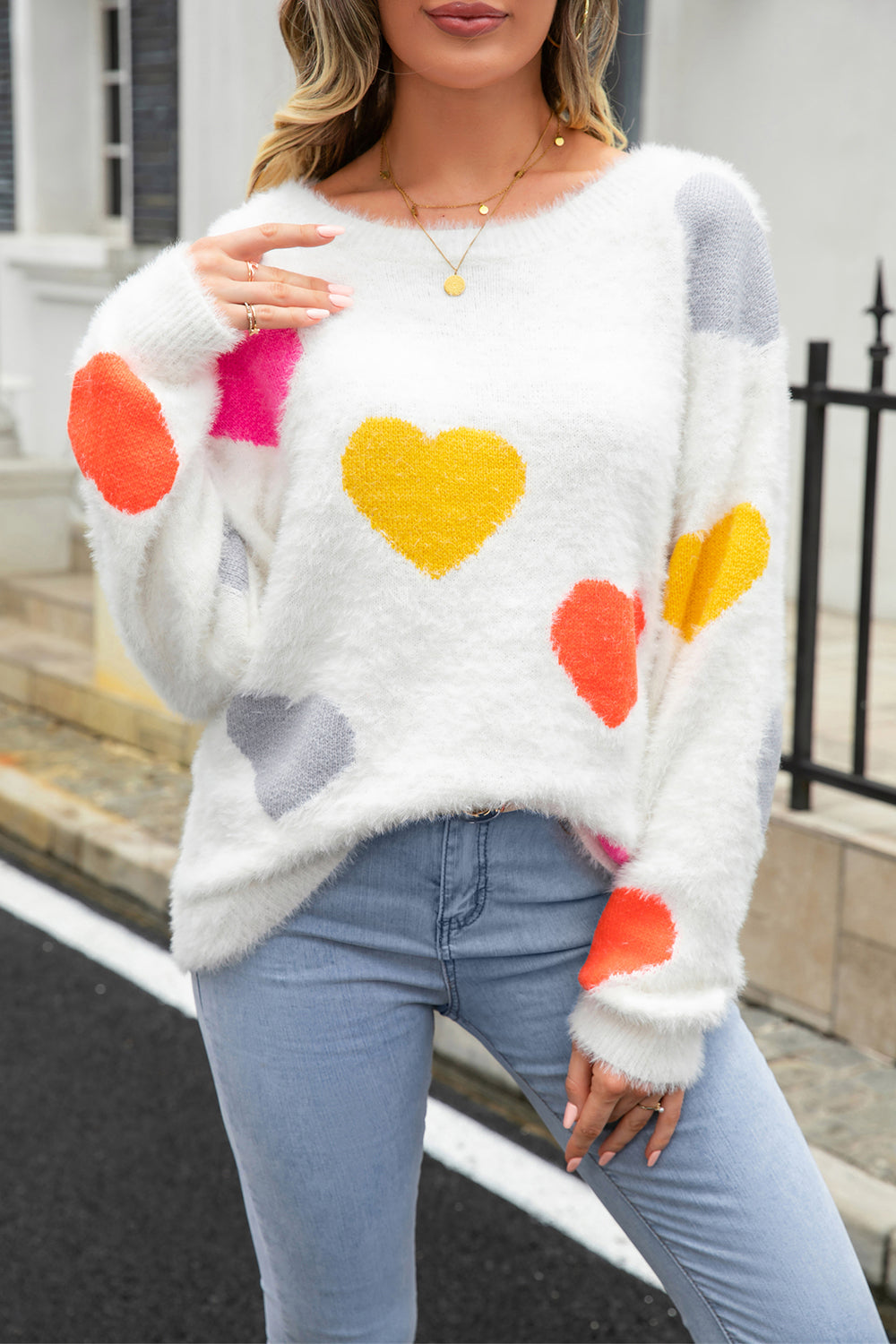 Heart Pattern Round Neck Long Sleeve Sweater Print on any thing USA/STOD clothes