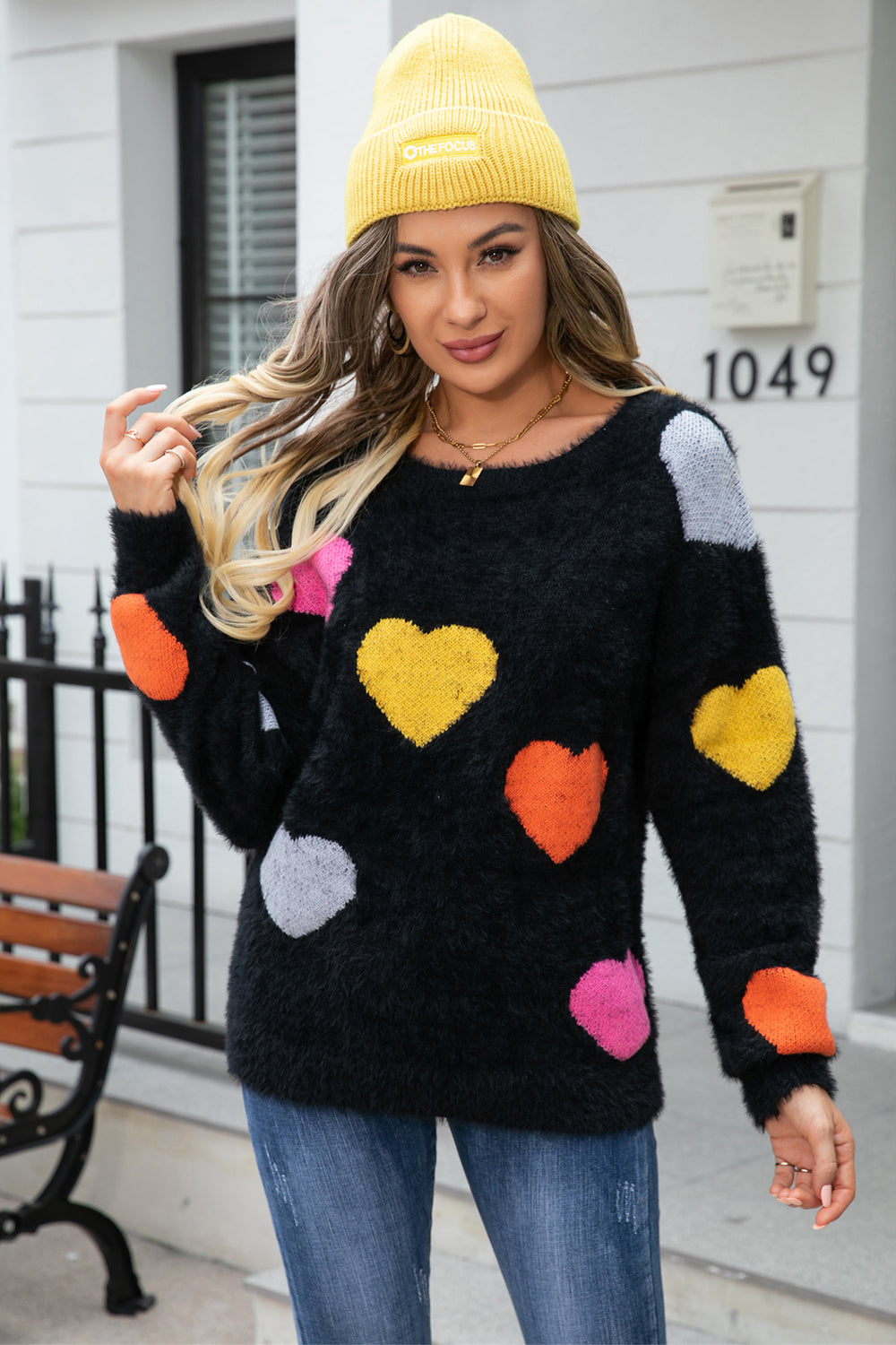 Heart Pattern Round Neck Long Sleeve Sweater Print on any thing USA/STOD clothes