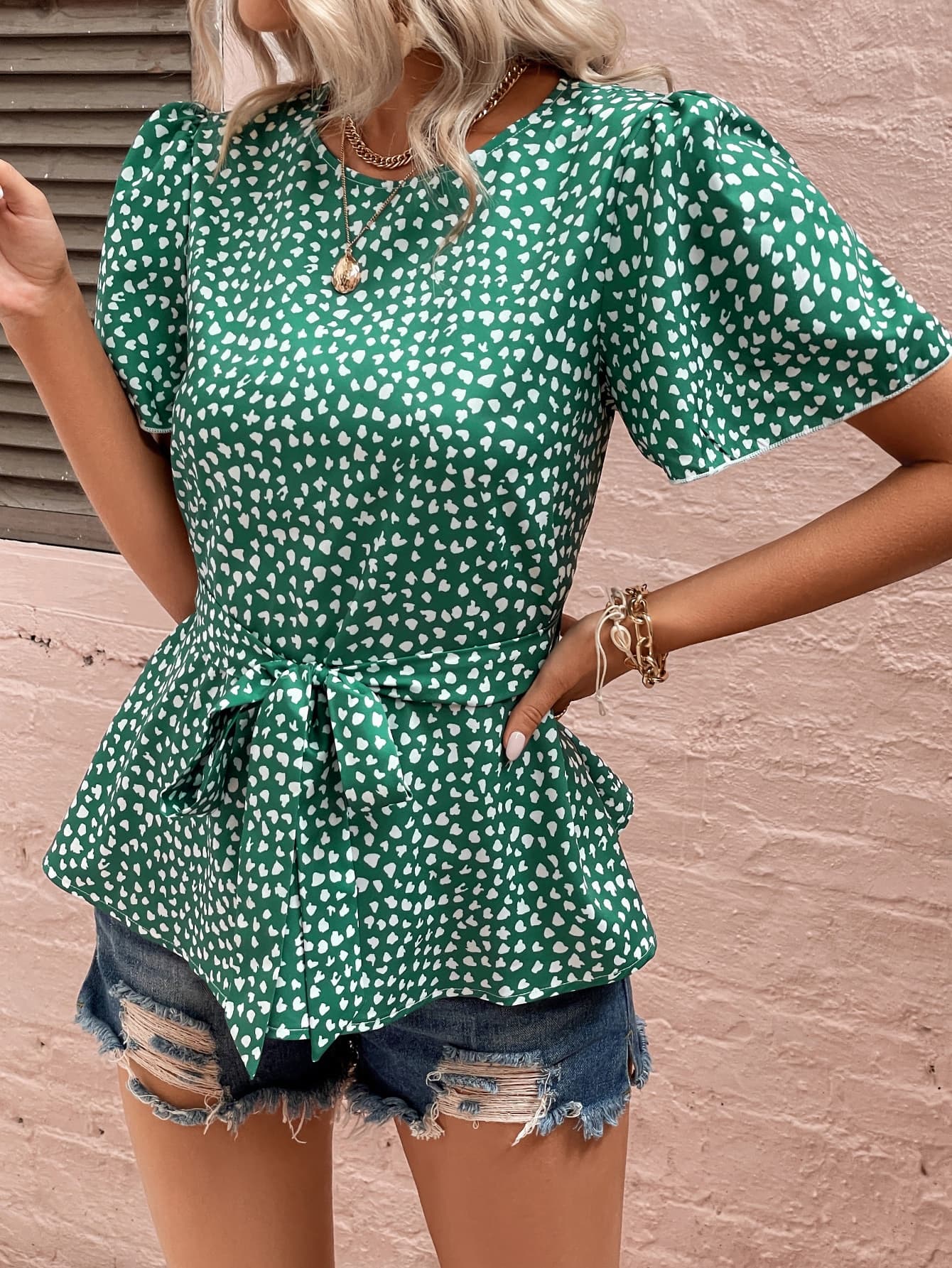 Heart Print Tie Belt Puff Sleeve Blouse Print on any thing USA/STOD clothes