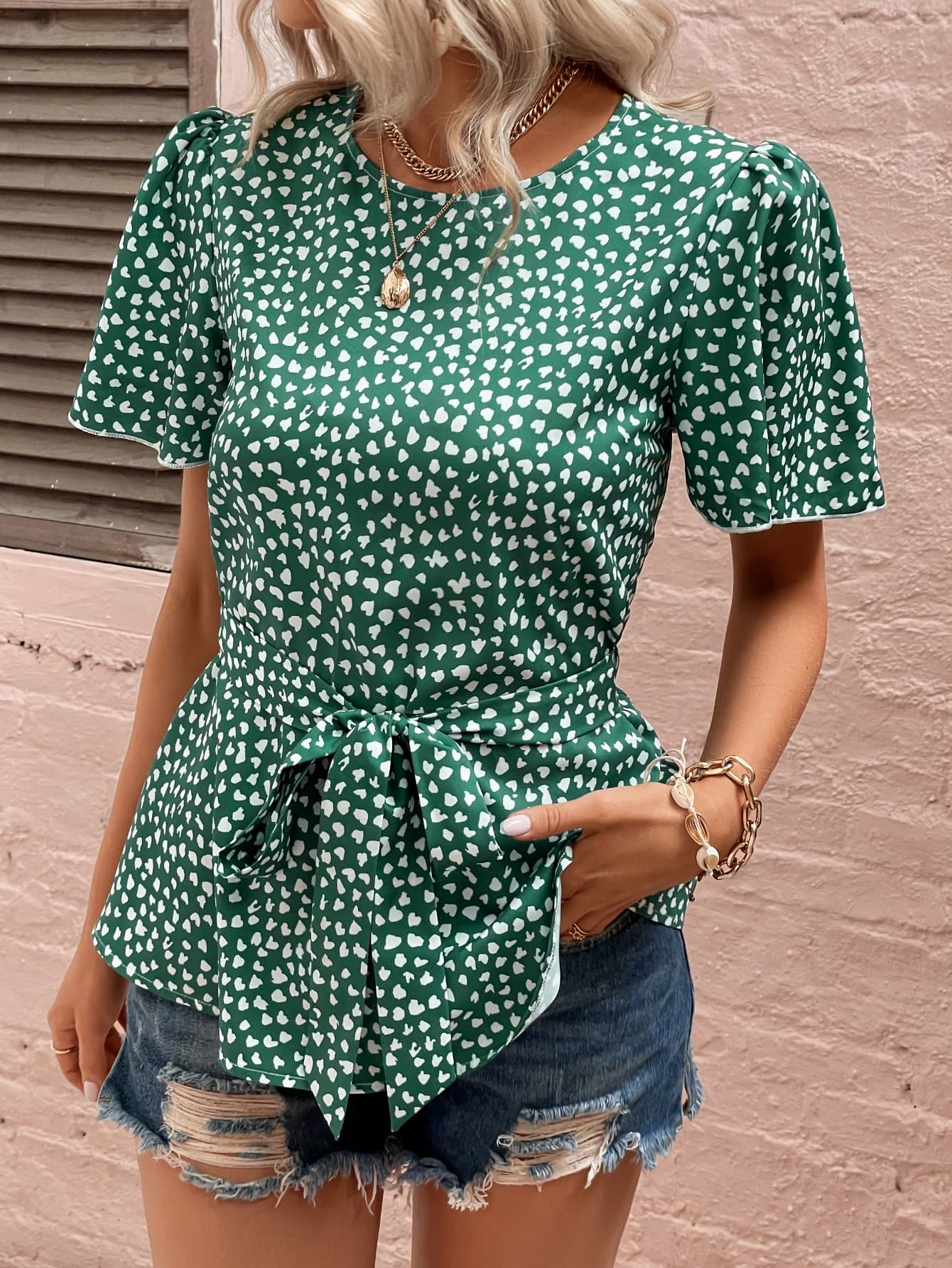 Heart Print Tie Belt Puff Sleeve Blouse Print on any thing USA/STOD clothes