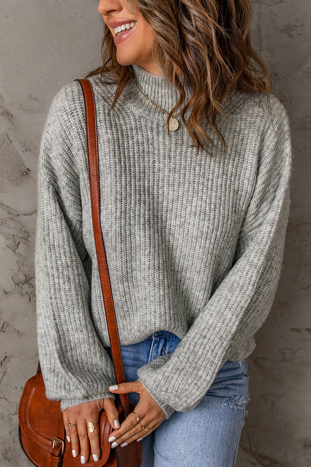 Heathered Balloon Sleeve Rib-Knit Sweater Print on any thing USA/STOD clothes