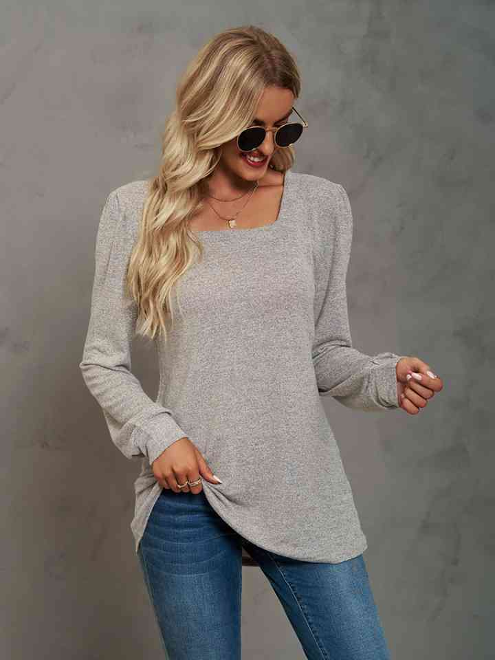 Heathered Square Neck Long Sleeve T-Shirt Print on any thing USA/STOD clothes