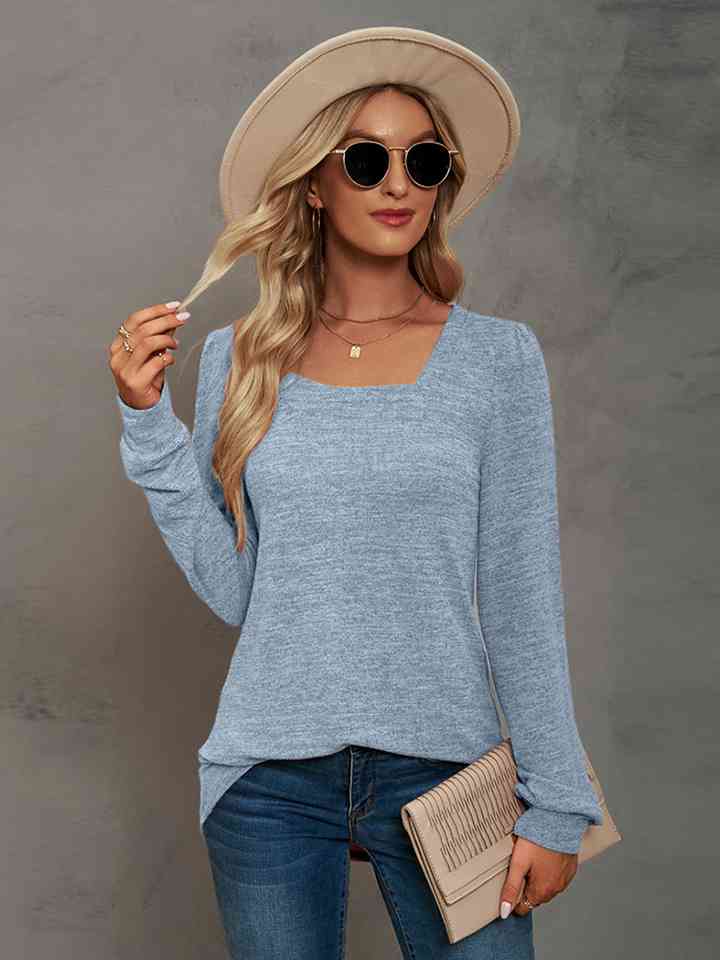 Heathered Square Neck Long Sleeve T-Shirt Print on any thing USA/STOD clothes