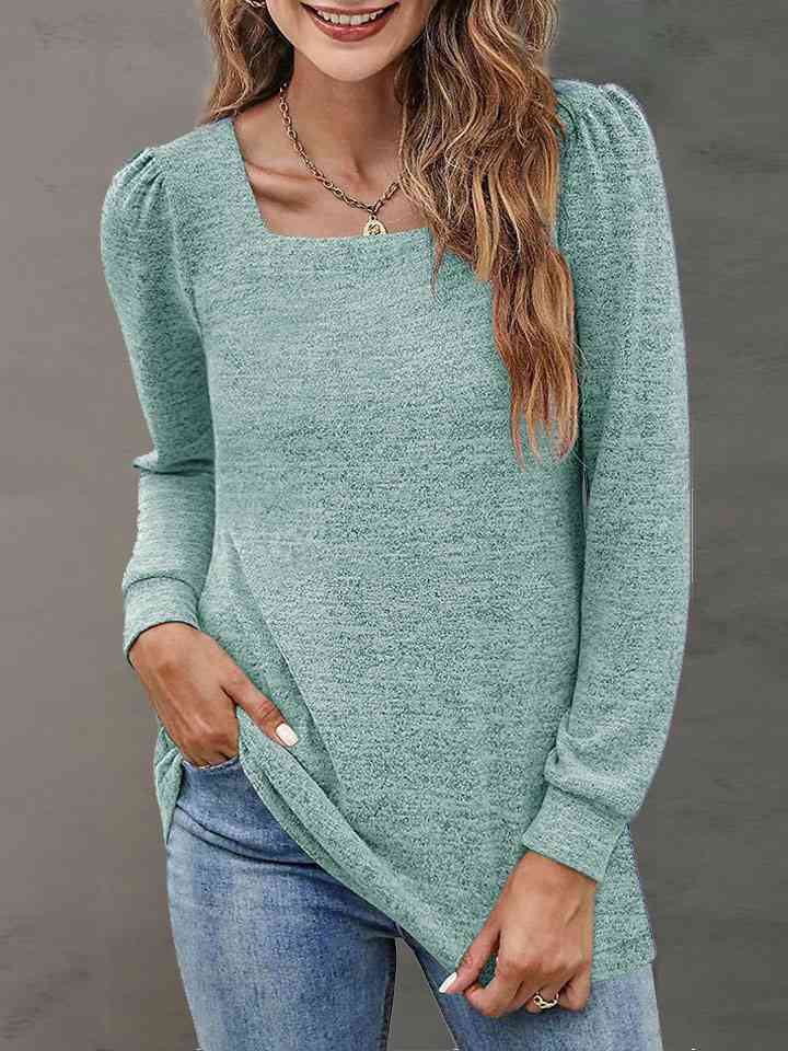 Heathered Square Neck Long Sleeve T-Shirt Print on any thing USA/STOD clothes