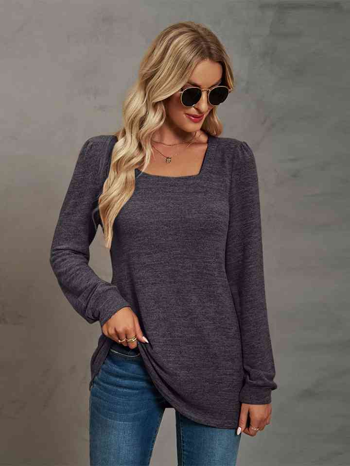 Heathered Square Neck Long Sleeve T-Shirt Print on any thing USA/STOD clothes