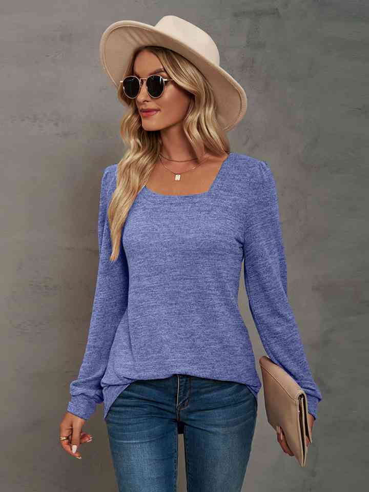 Heathered Square Neck Long Sleeve T-Shirt Print on any thing USA/STOD clothes