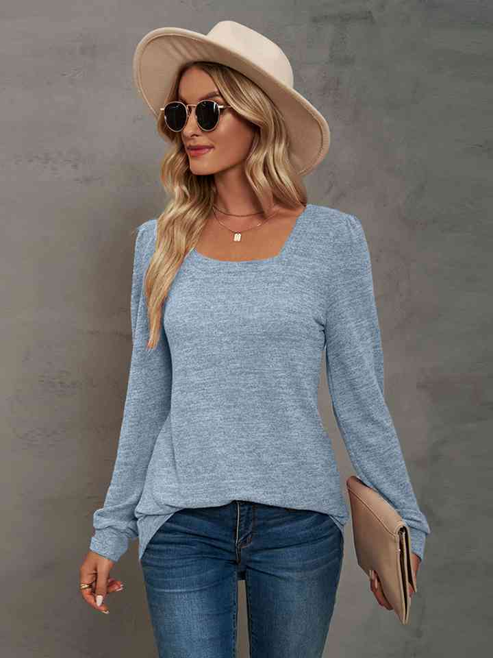 Heathered Square Neck Long Sleeve T-Shirt Print on any thing USA/STOD clothes