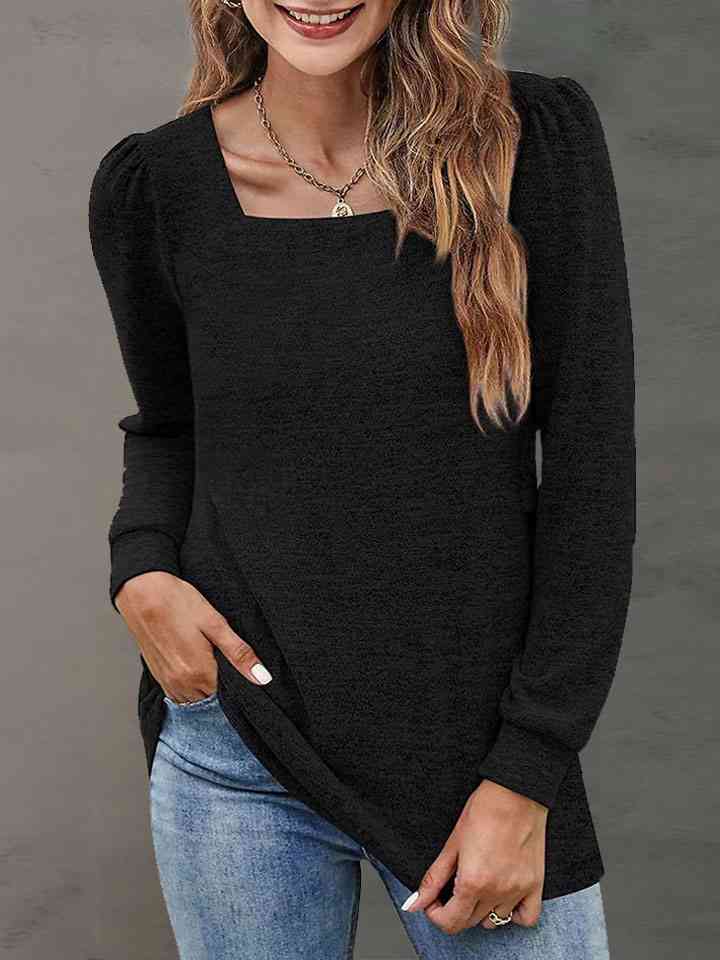 Heathered Square Neck Long Sleeve T-Shirt Print on any thing USA/STOD clothes