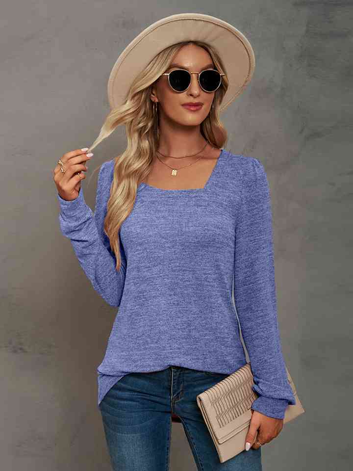 Heathered Square Neck Long Sleeve T-Shirt Print on any thing USA/STOD clothes