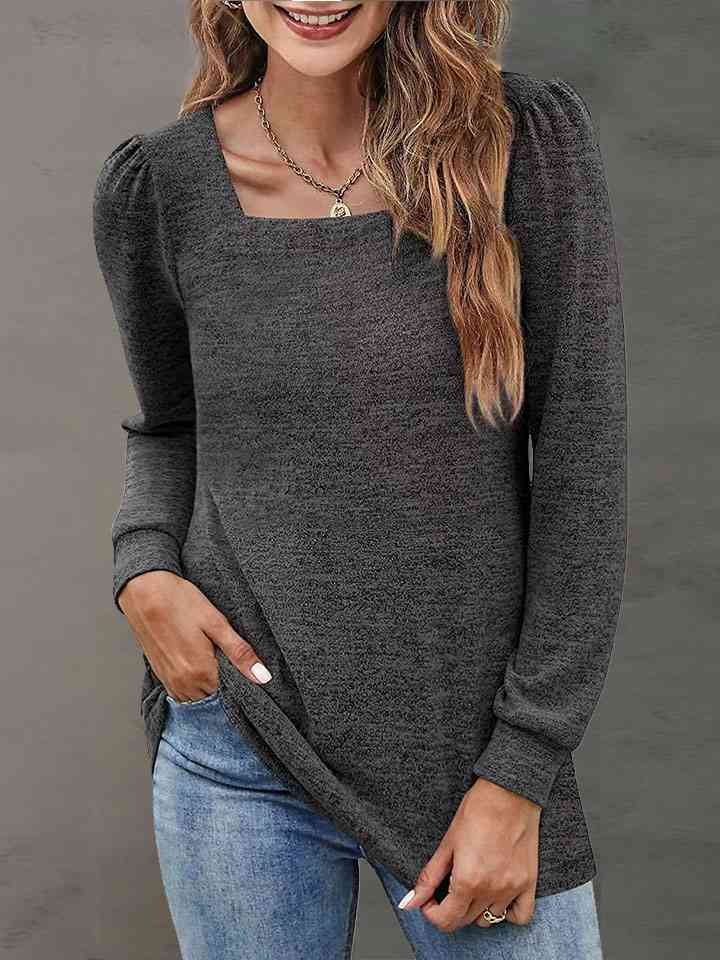 Heathered Square Neck Long Sleeve T-Shirt Print on any thing USA/STOD clothes