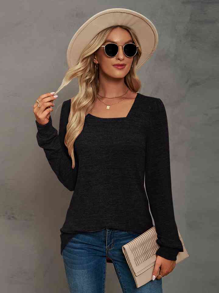 Heathered Square Neck Long Sleeve T-Shirt Print on any thing USA/STOD clothes