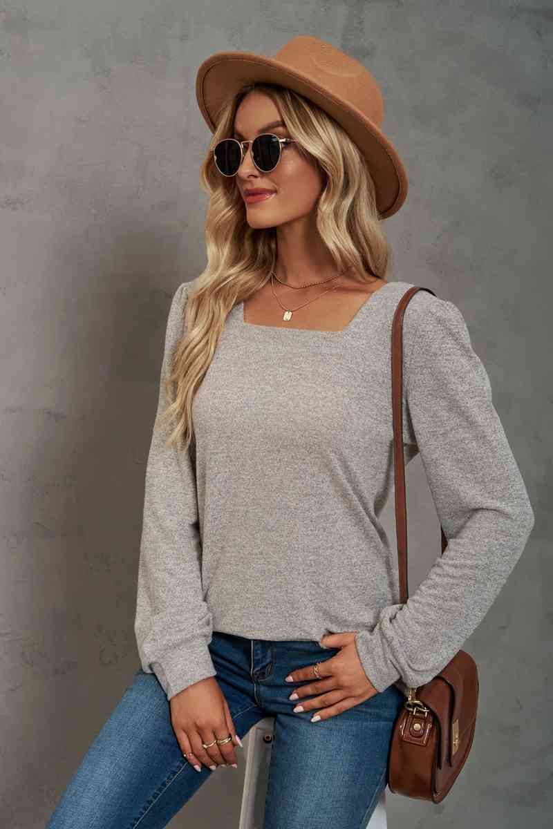 Heathered Square Neck Long Sleeve T-Shirt Print on any thing USA/STOD clothes