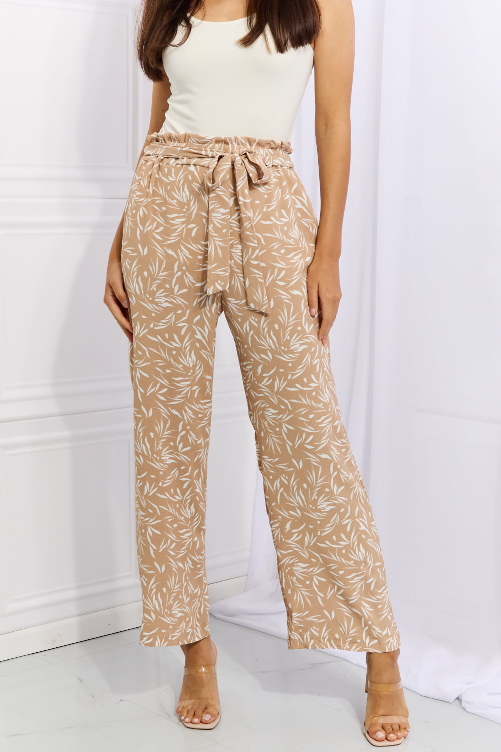 Heimish Right Angle Full Size Geometric Printed Pants in Tan Print on any thing USA/STOD clothes