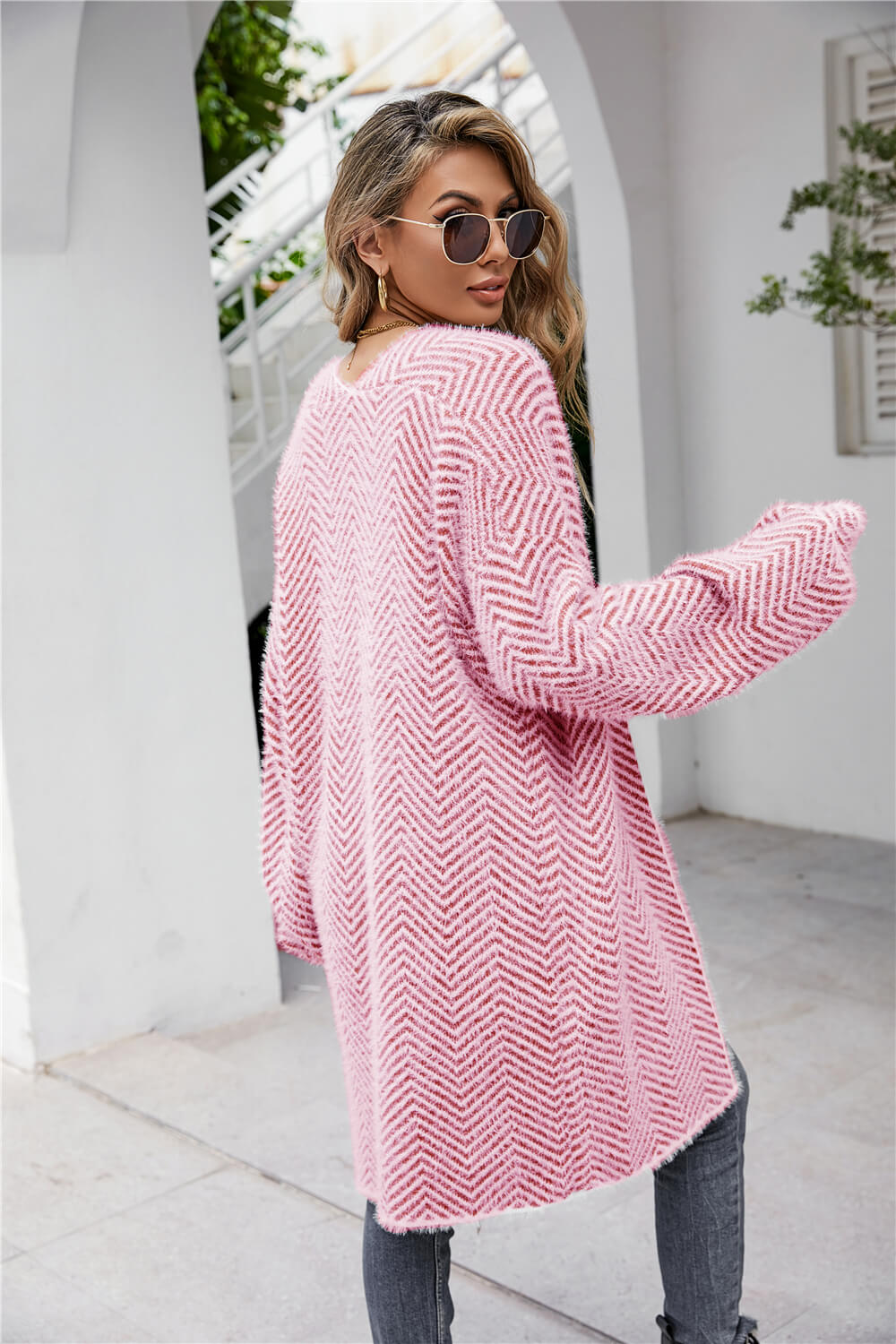 Herringbone Pattern Open Front Longline Fuzzy Cardigan Print on any thing USA/STOD clothes