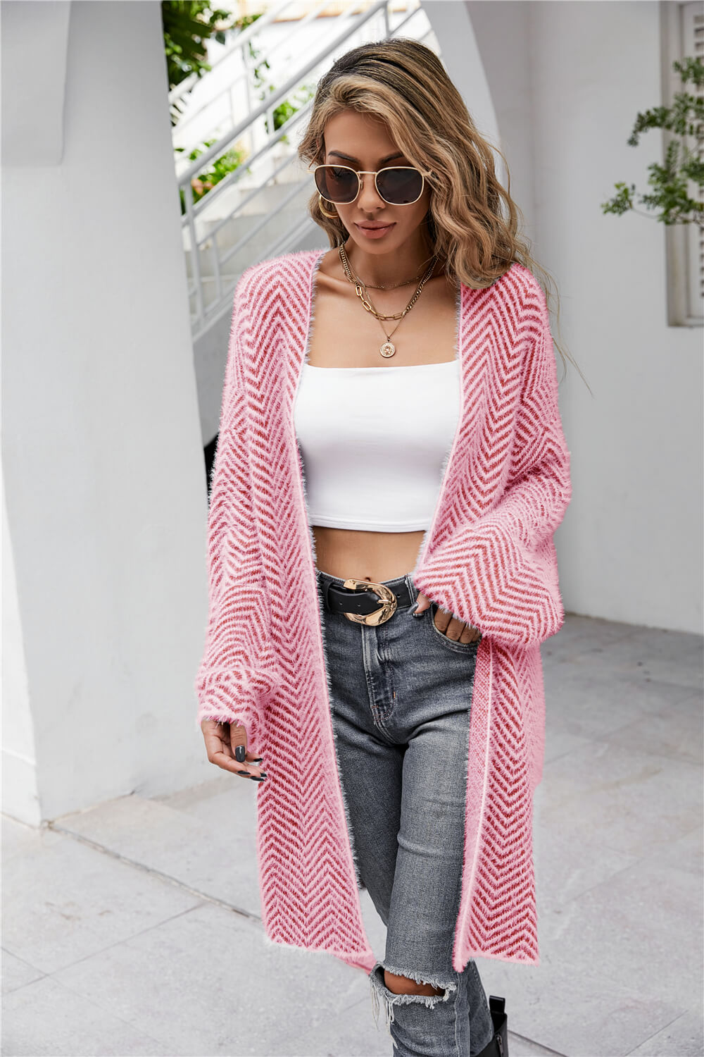 Herringbone Pattern Open Front Longline Fuzzy Cardigan Print on any thing USA/STOD clothes