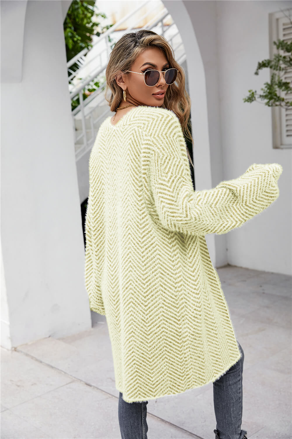 Herringbone Pattern Open Front Longline Fuzzy Cardigan Print on any thing USA/STOD clothes