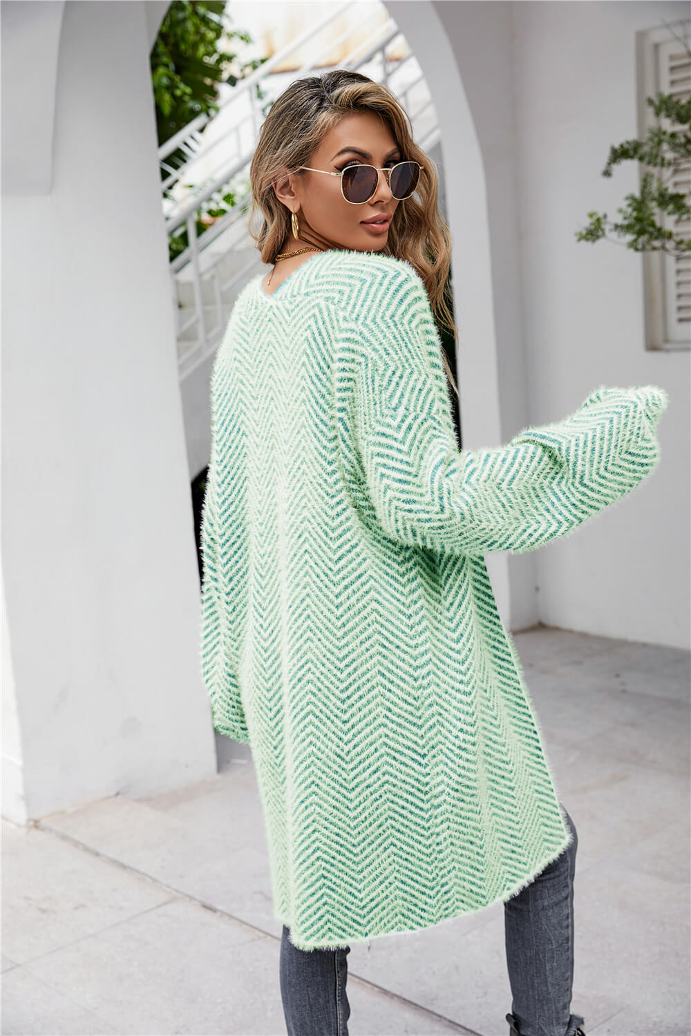 Herringbone Pattern Open Front Longline Fuzzy Cardigan Print on any thing USA/STOD clothes