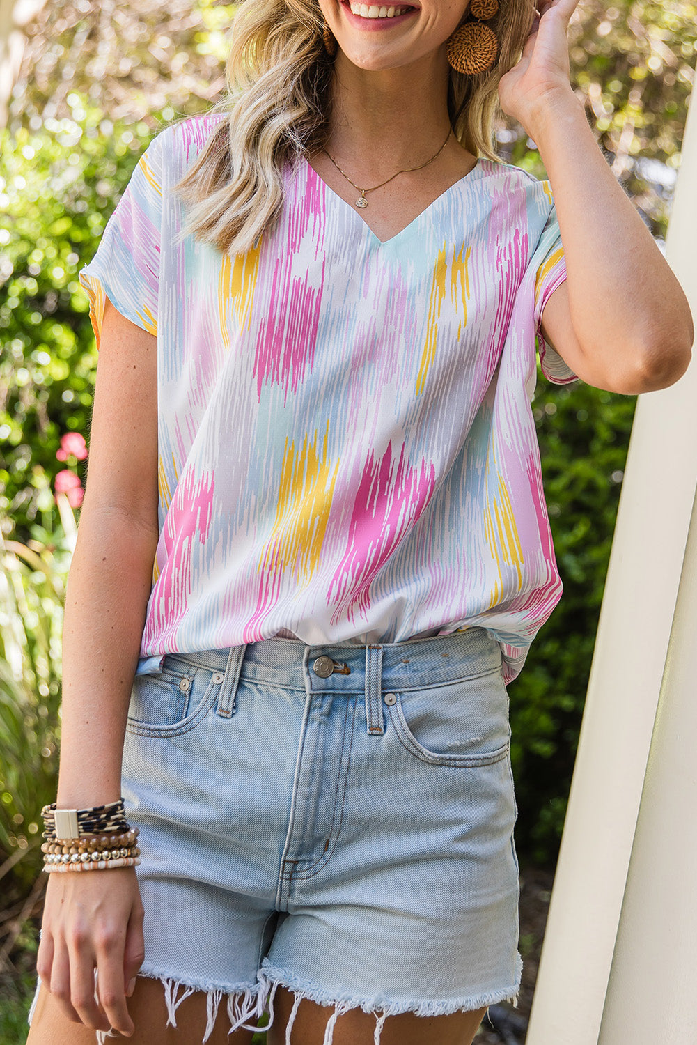 High-Low V-Neck Short Sleeve Blouse Print on any thing USA/STOD clothes