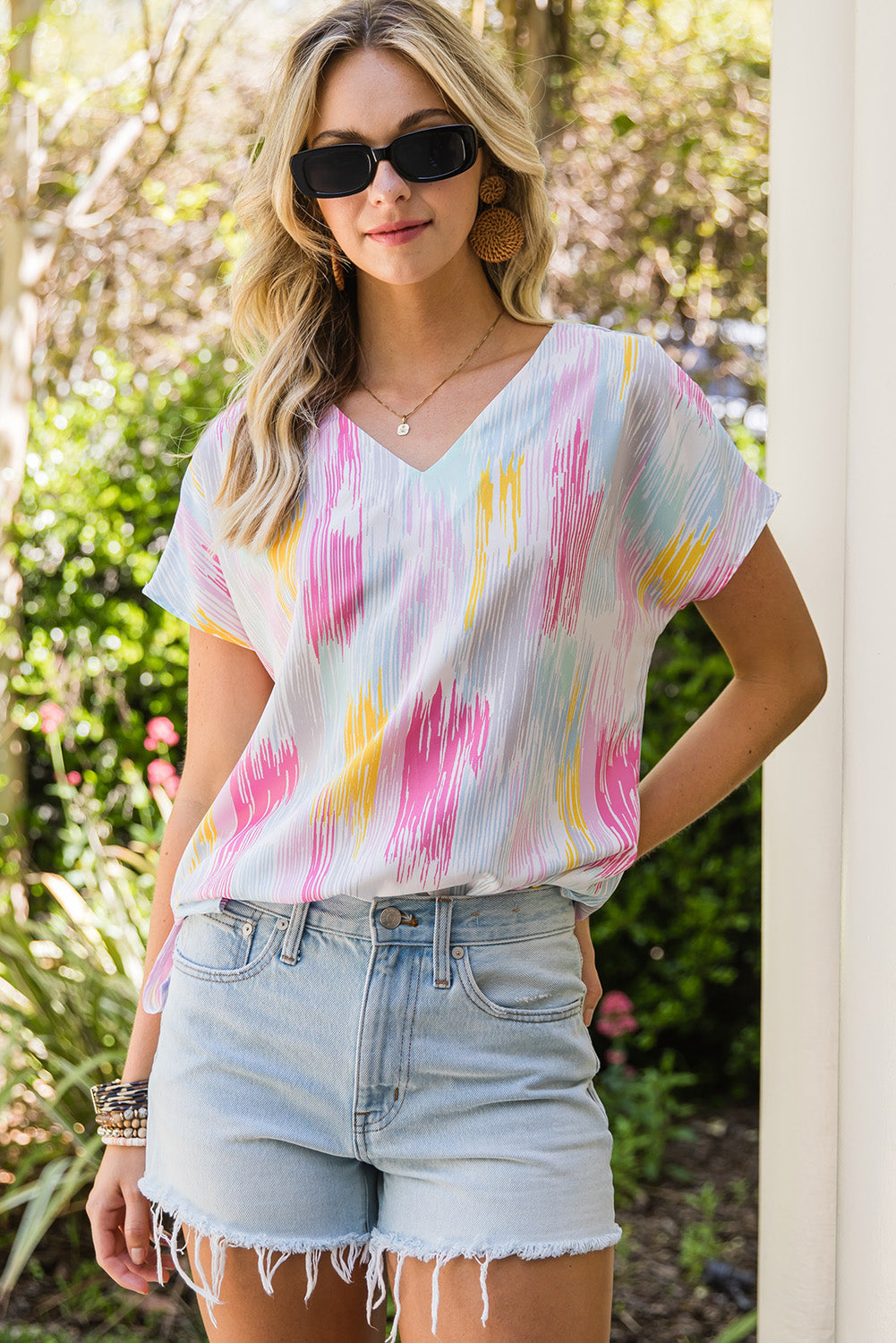 High-Low V-Neck Short Sleeve Blouse Print on any thing USA/STOD clothes