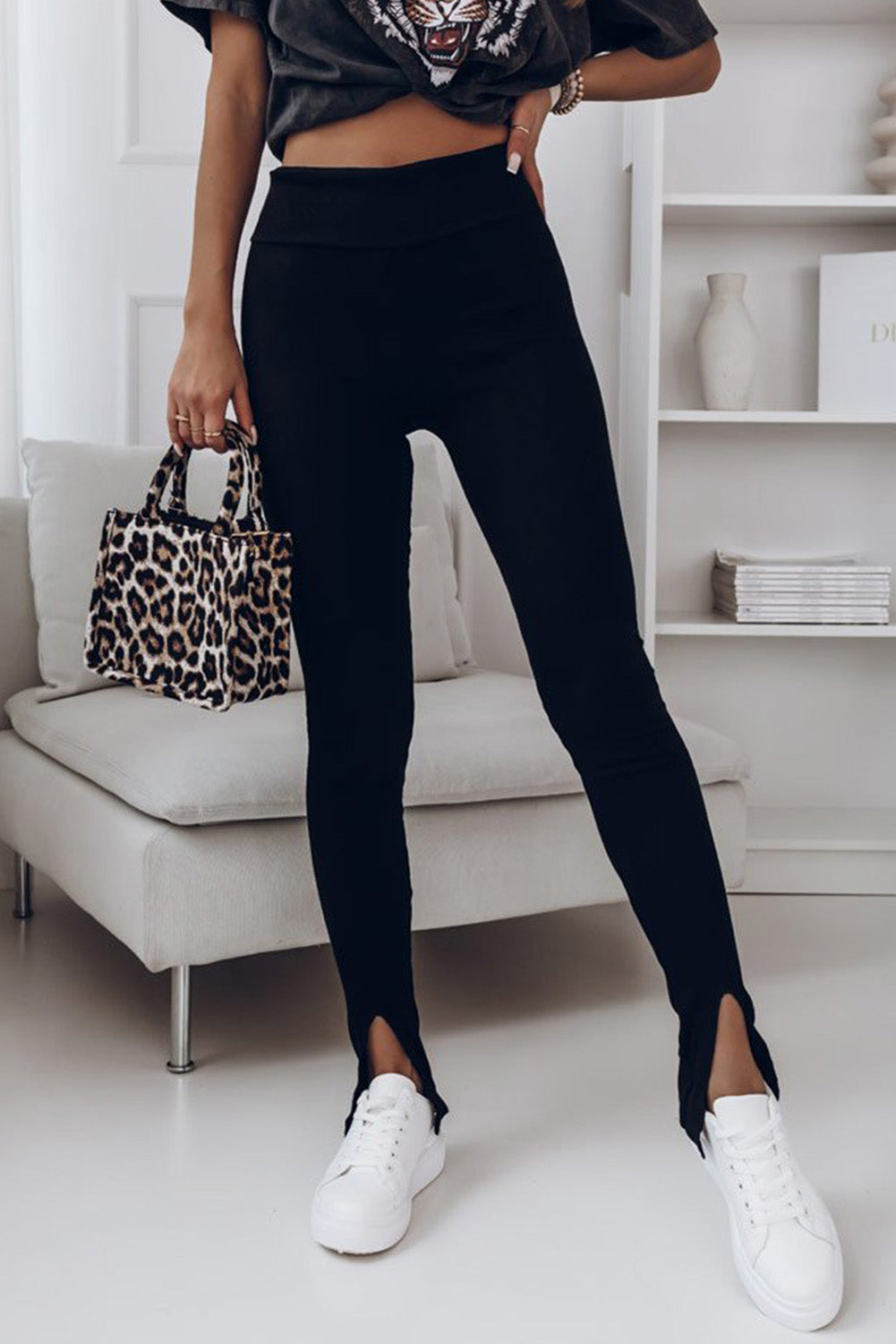 High Waist Ribbed Slit Leggings Print on any thing USA/STOD clothes