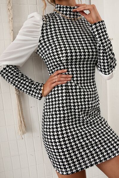 Houndstooth Mock Neck Puff Sleeve Dress Print on any thing USA/STOD clothes