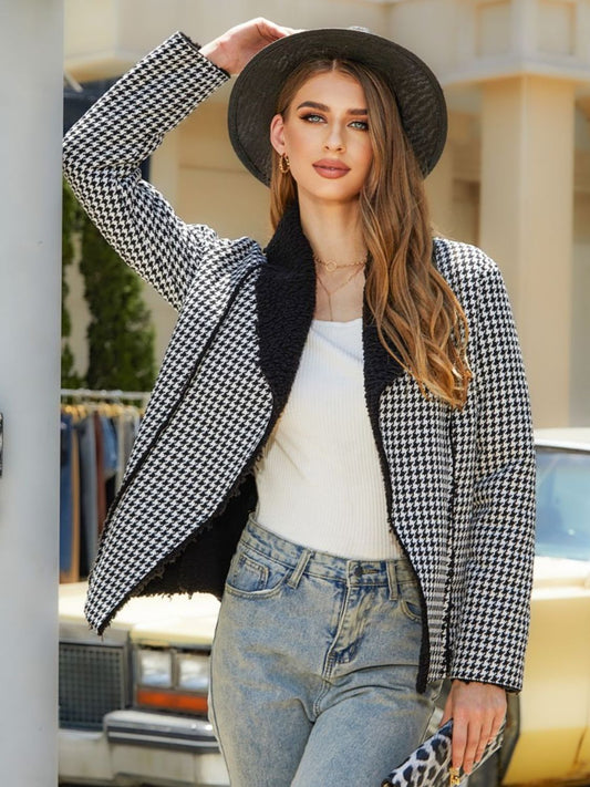 Houndstooth Open Front Long Sleeve Jacket Print on any thing USA/STOD clothes