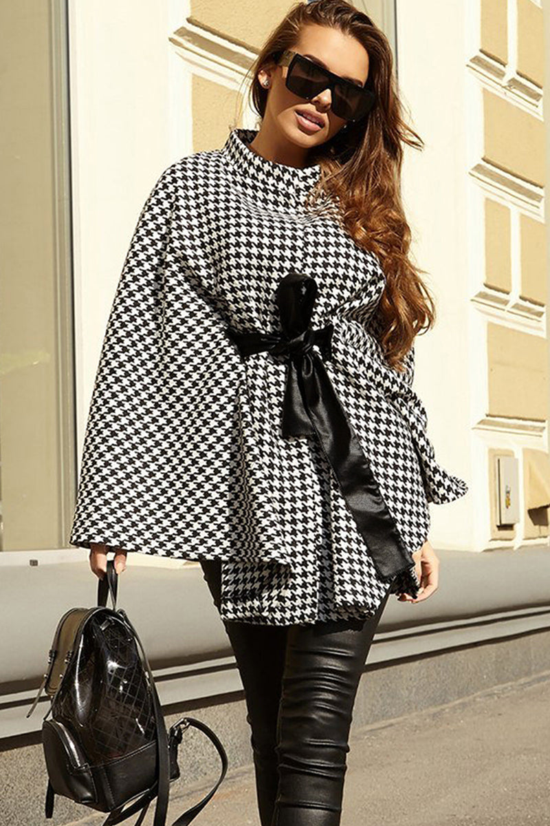 Houndstooth Tie Waist Trench Coat Print on any thing USA/STOD clothes