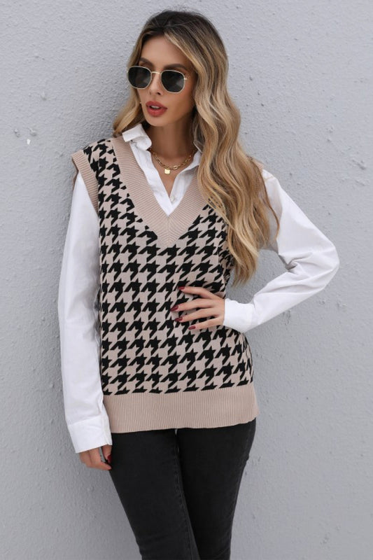 Houndstooth V-Neck Knit Vest Print on any thing USA/STOD clothes