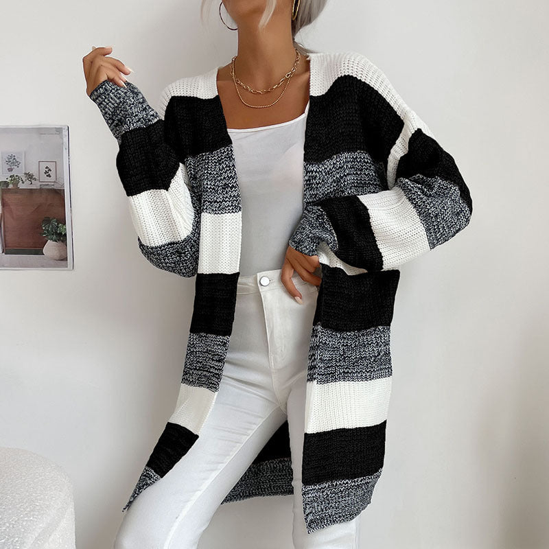 महिलाओं का फैशन नया आगमन लंबा बटन रहित कलरब्लॉक स्वेटर जैकेट