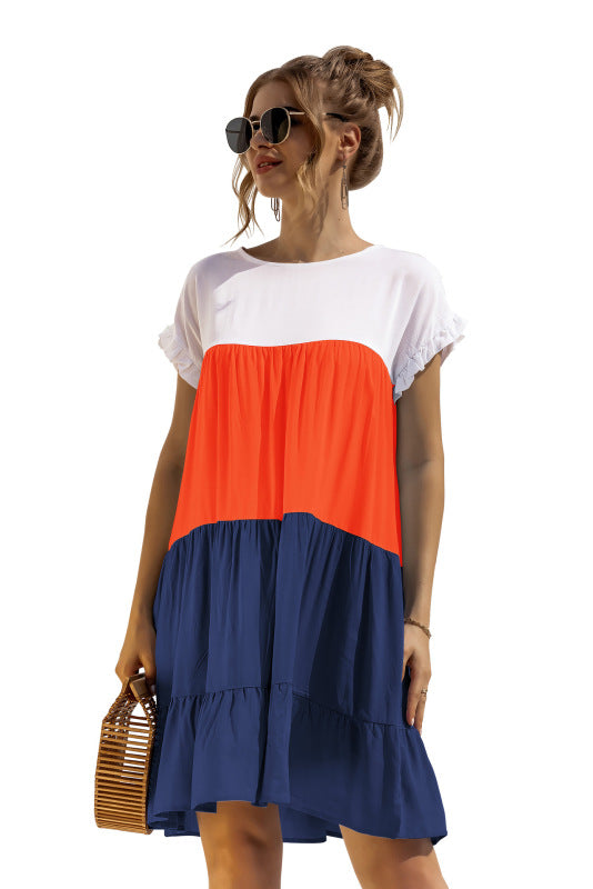 Women's Color Block Loose Short Sleeve Dress