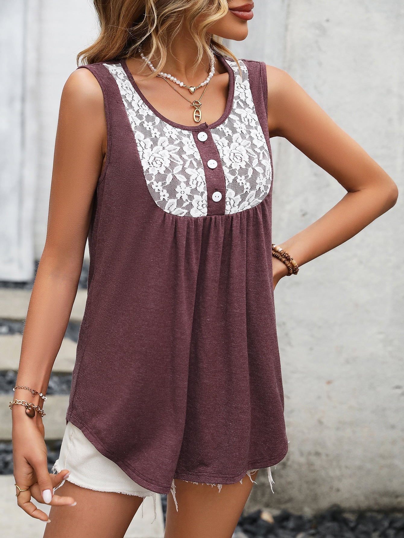 Lace Contrast Scoop Neck Tank Print on any thing USA/STOD clothes