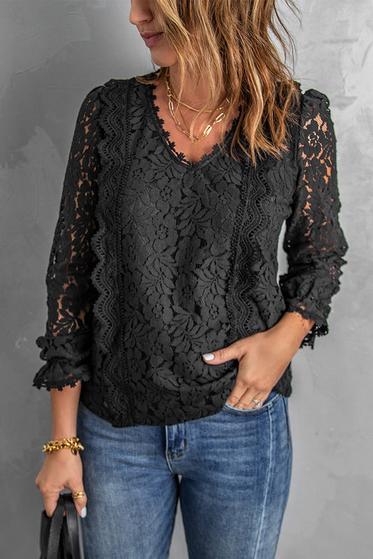 Lace Crochet V-Neck Flounce Sleeve Top Print on any thing USA/STOD clothes