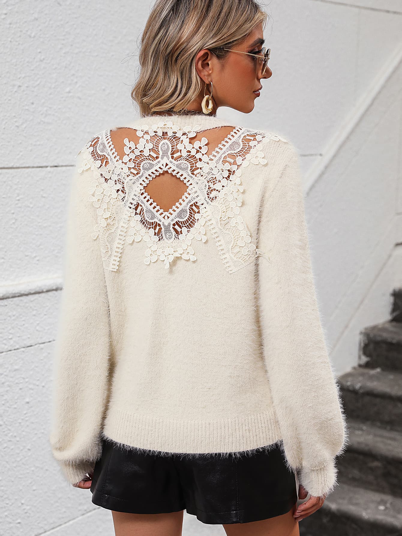 Lace Detail Cutout Long Sleeve Pullover Sweater Print on any thing USA/STOD clothes